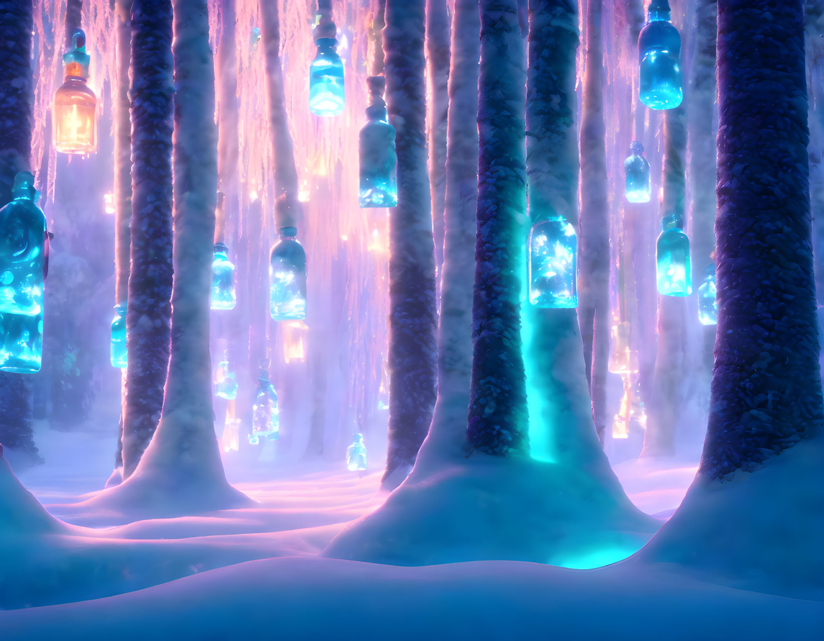 Snow-covered forest with glowing lanterns illuminating trees