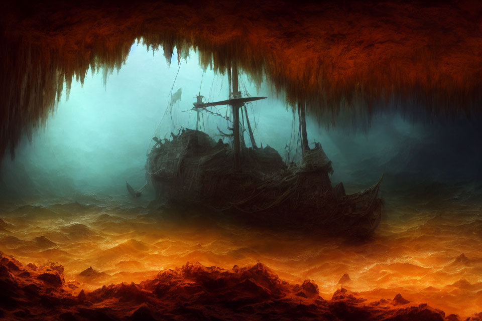 Eerie Shipwreck in Cavernous Setting with Golden Light Filtering Through