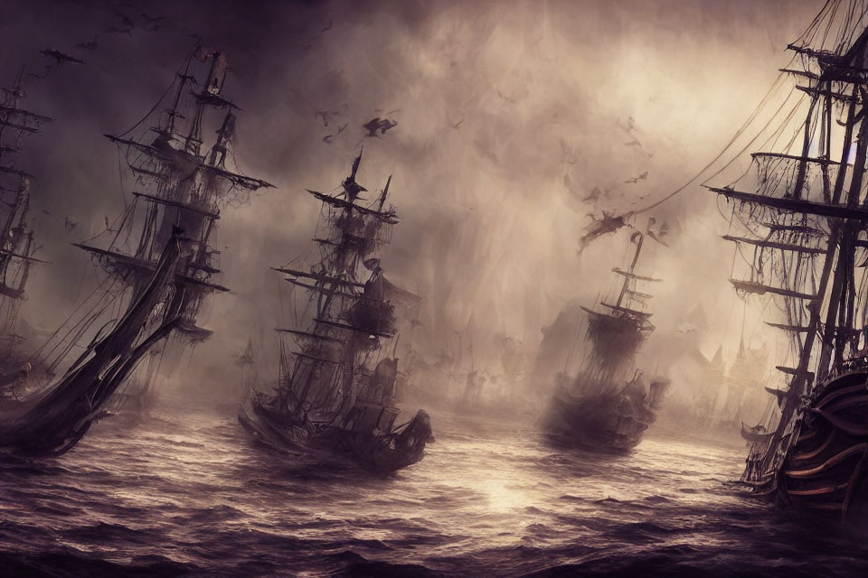 Ghostly ships with tattered sails in misty seas