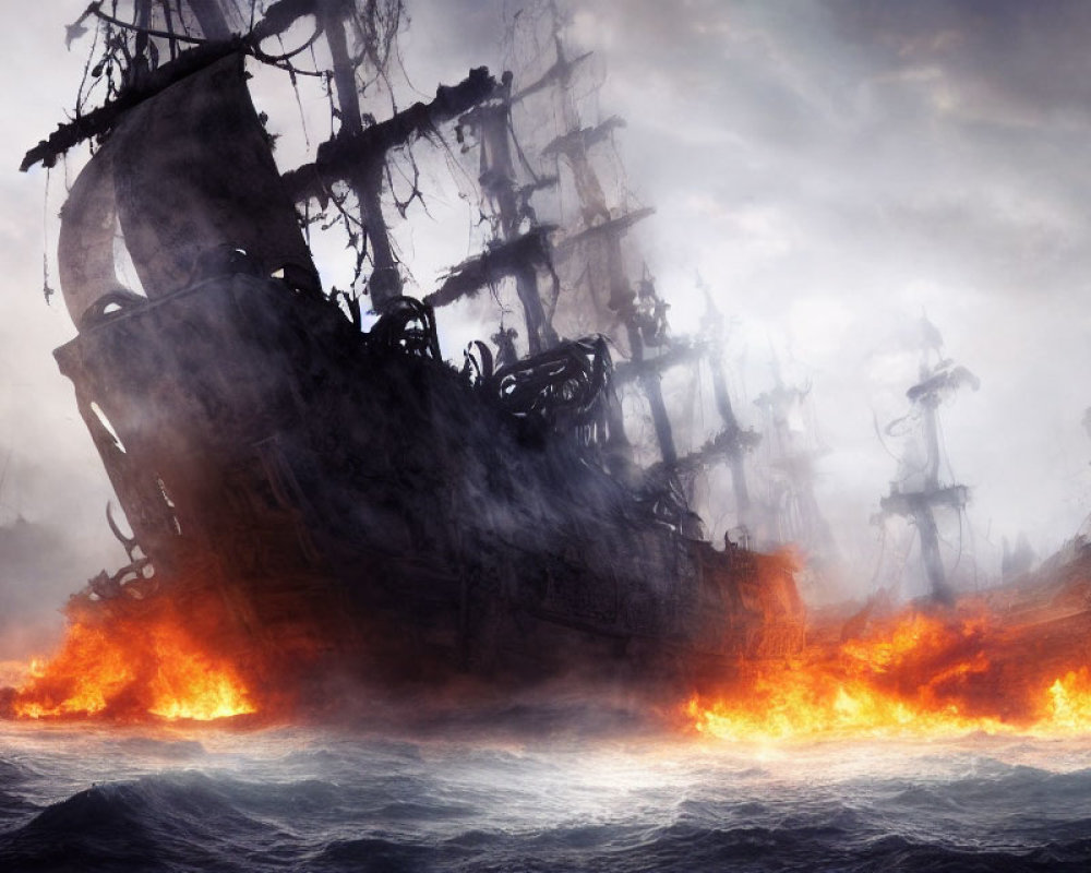 Ghostly fleet of ships with tattered sails in mist and flames emerging from tempestuous sea