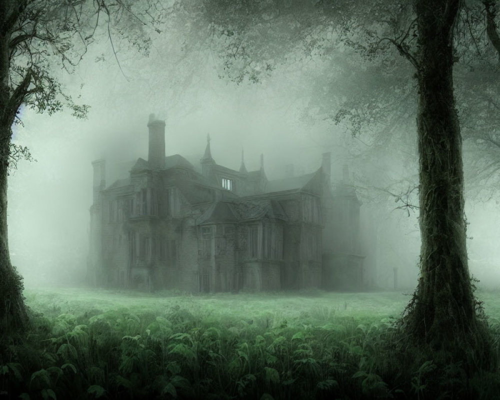 Foggy mansion between two trees in overgrown forest