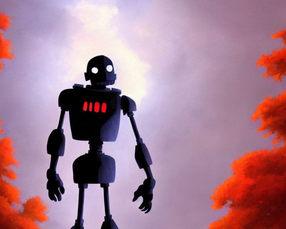 Robot under dreamy red sky with moon and crimson clouds