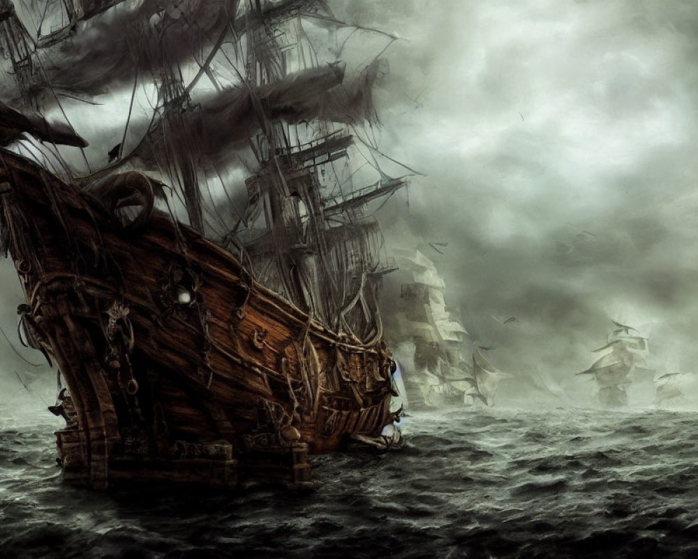 Ghostly pirate ships emerge from dense fog on tumultuous seas
