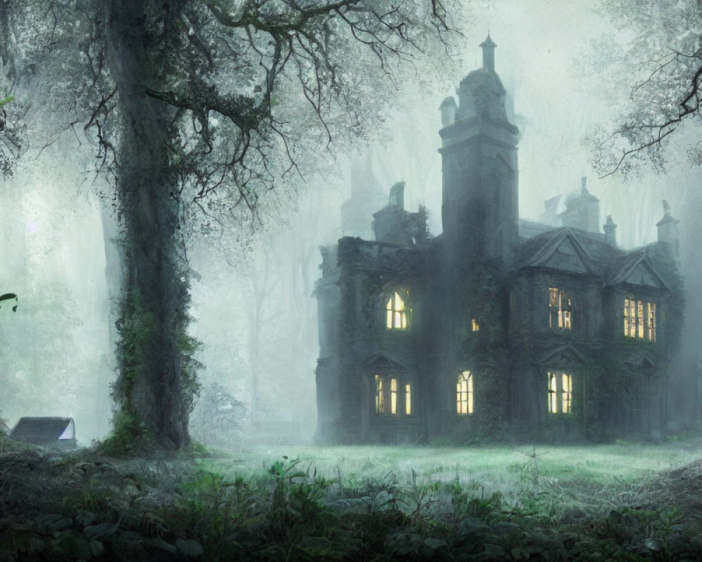 Eerie Gothic mansion in foggy forest with glowing windows