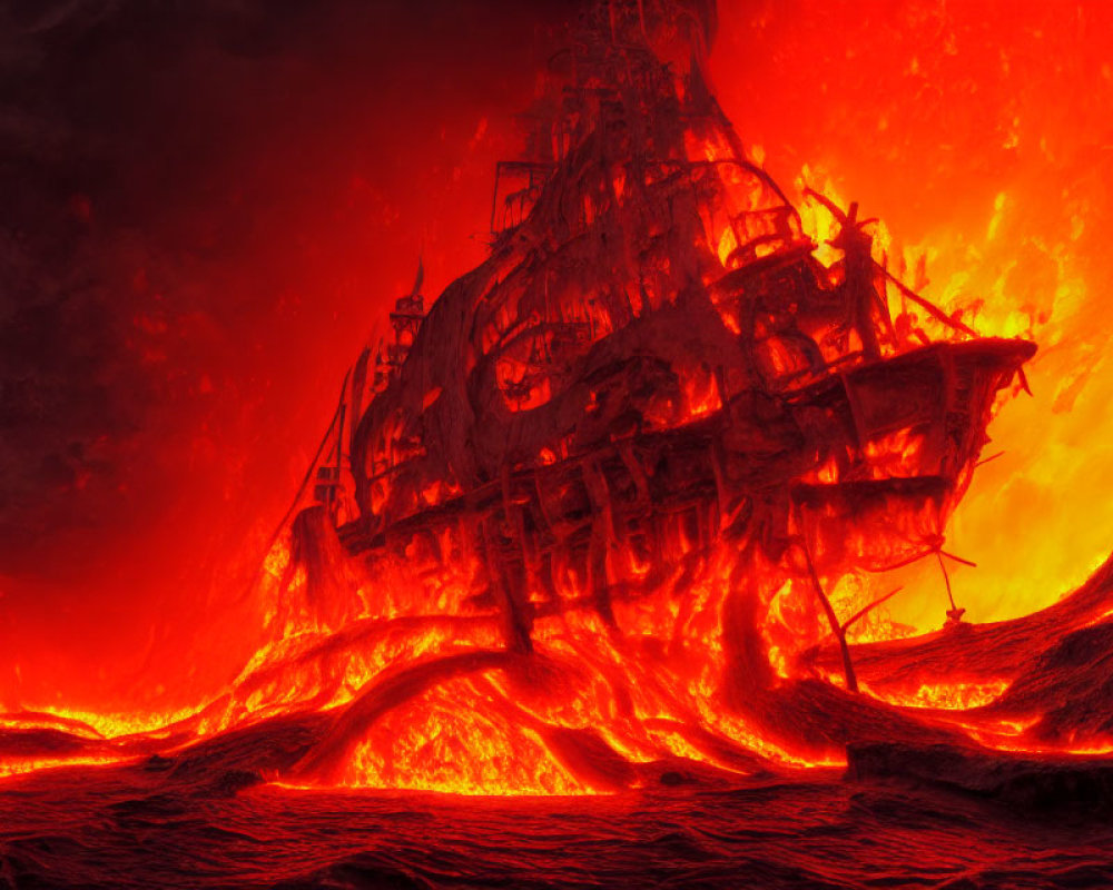 Ship engulfed in flowing lava under crimson sky: apocalyptic scene