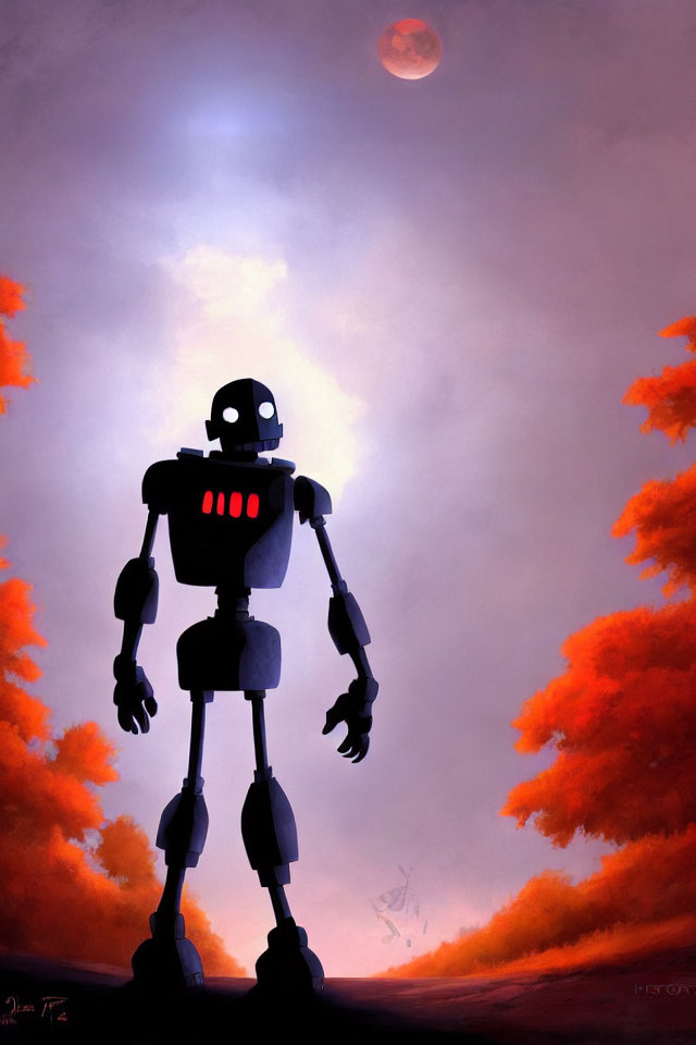 Robot under dreamy red sky with moon and crimson clouds