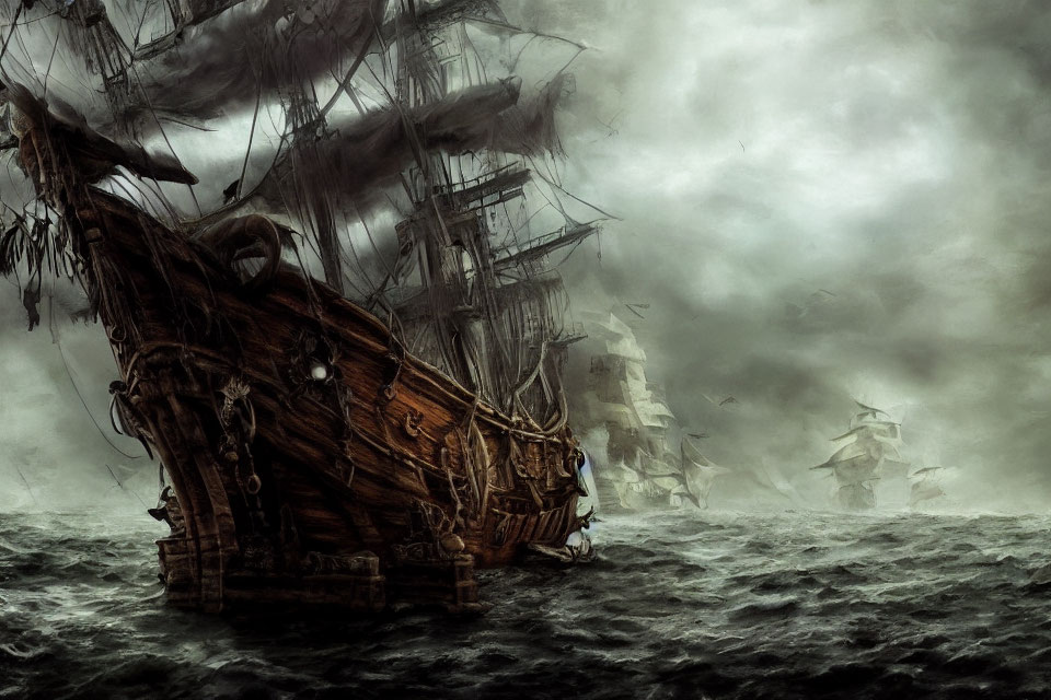 Ghostly pirate ships emerge from dense fog on tumultuous seas