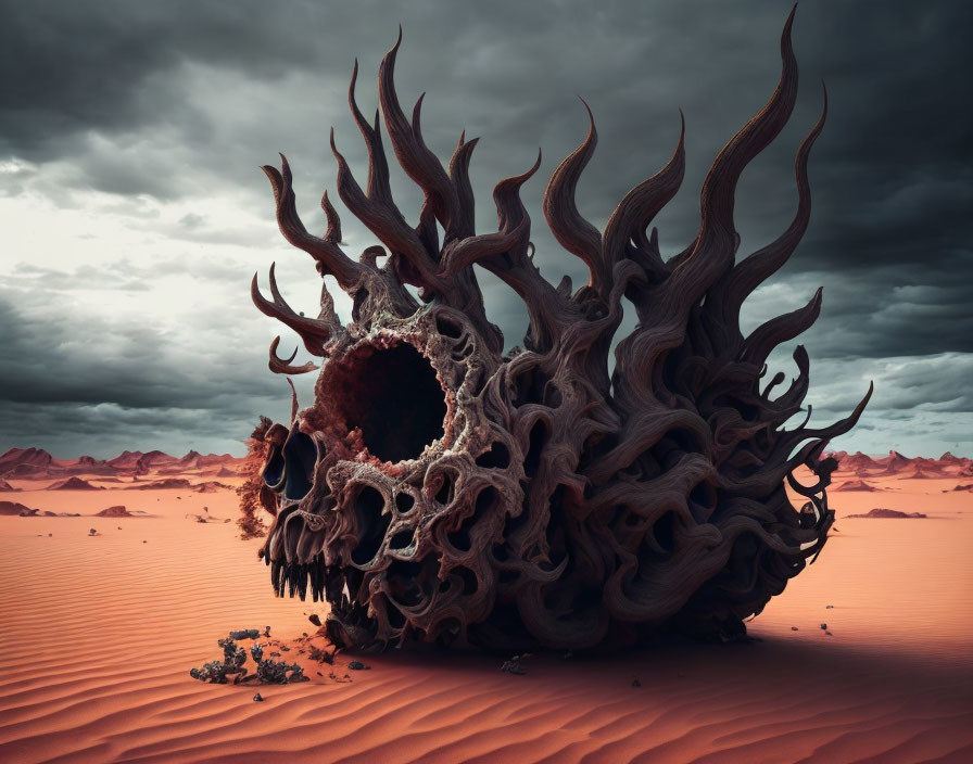 Organic surreal structure in barren desert landscape