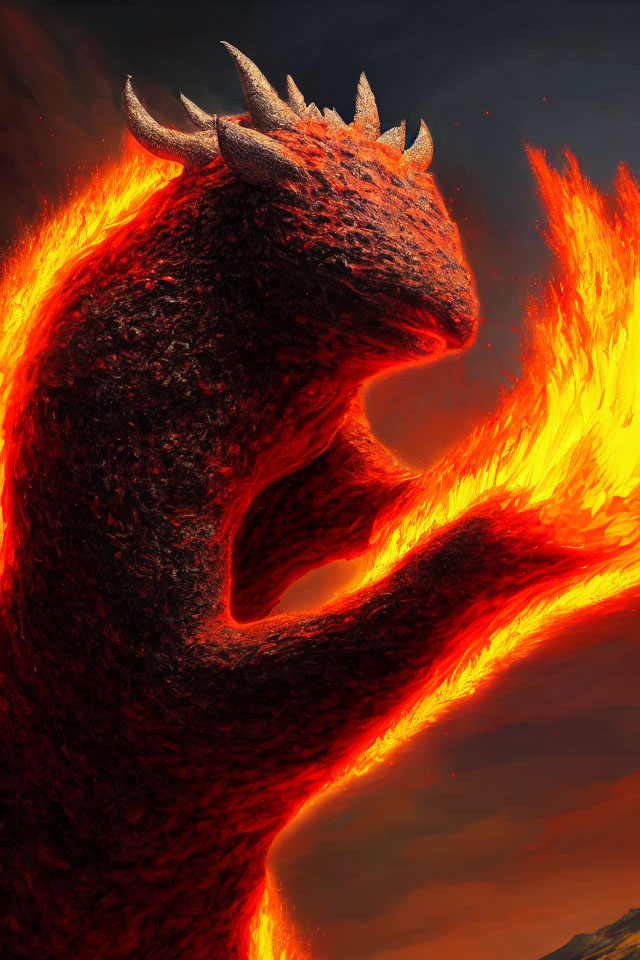 Fiery dragon with glowing horns and scales against dark sky