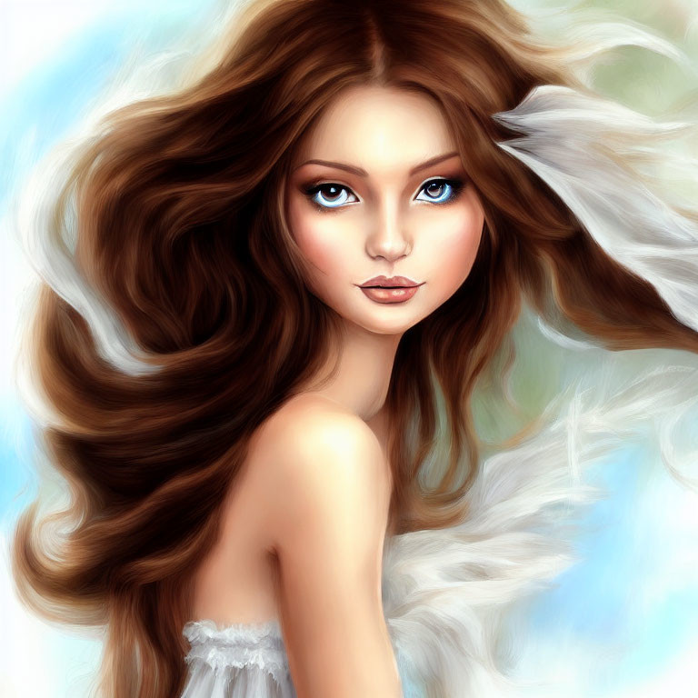 Digital art: Woman with flowing brown hair, blue eyes, and angelic feathers.