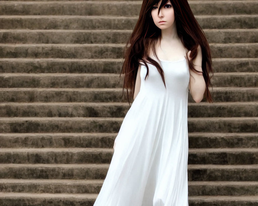 Long-haired person in white dress on stairs with serious expression