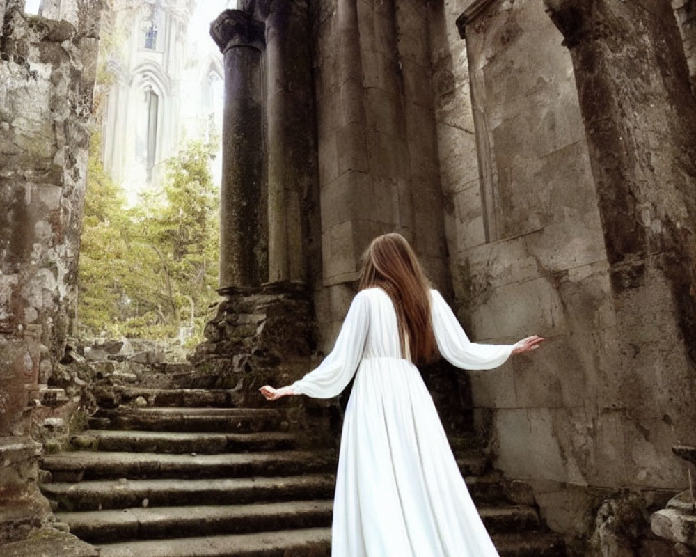 Woman in flowing white dress climbs ancient stone steps among vine-covered ruins