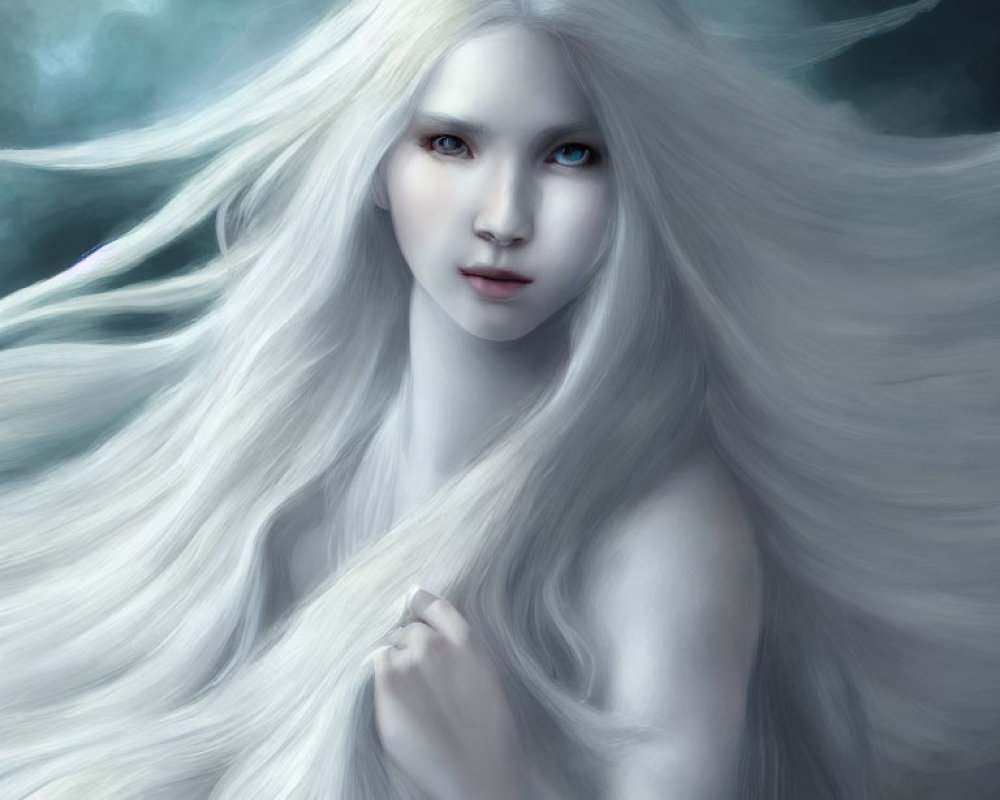 Fantasy illustration of person with long white hair and blue eyes on dark blue background
