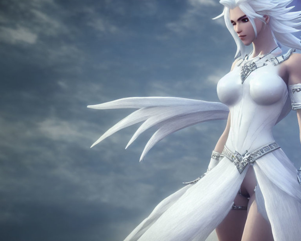 Fantasy female character with white hair and wings in silver armor against moody sky.