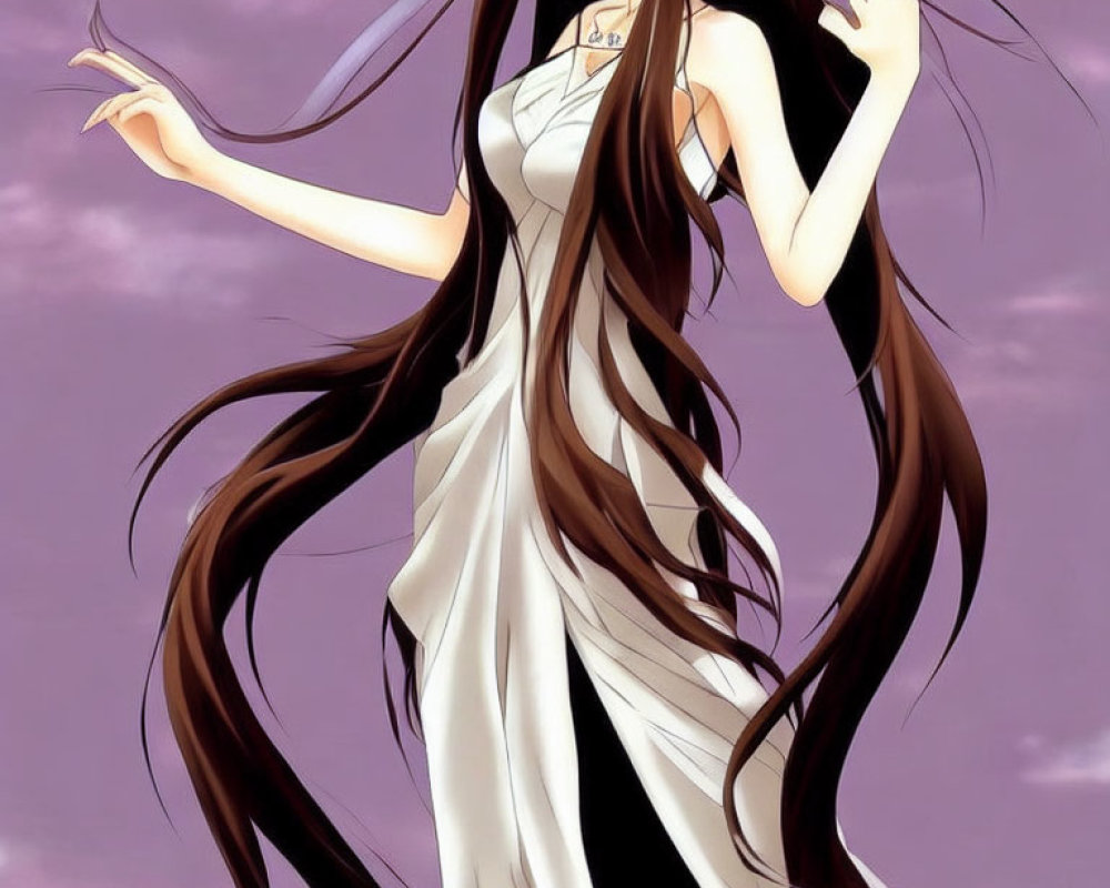 Anime character with long flowing hair in white dress under purple sky