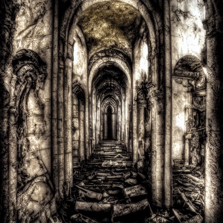 Abandoned building hallway with crumbling walls and arches