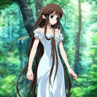 Brown-haired fairy in white gown with translucent wings in sunlit forest