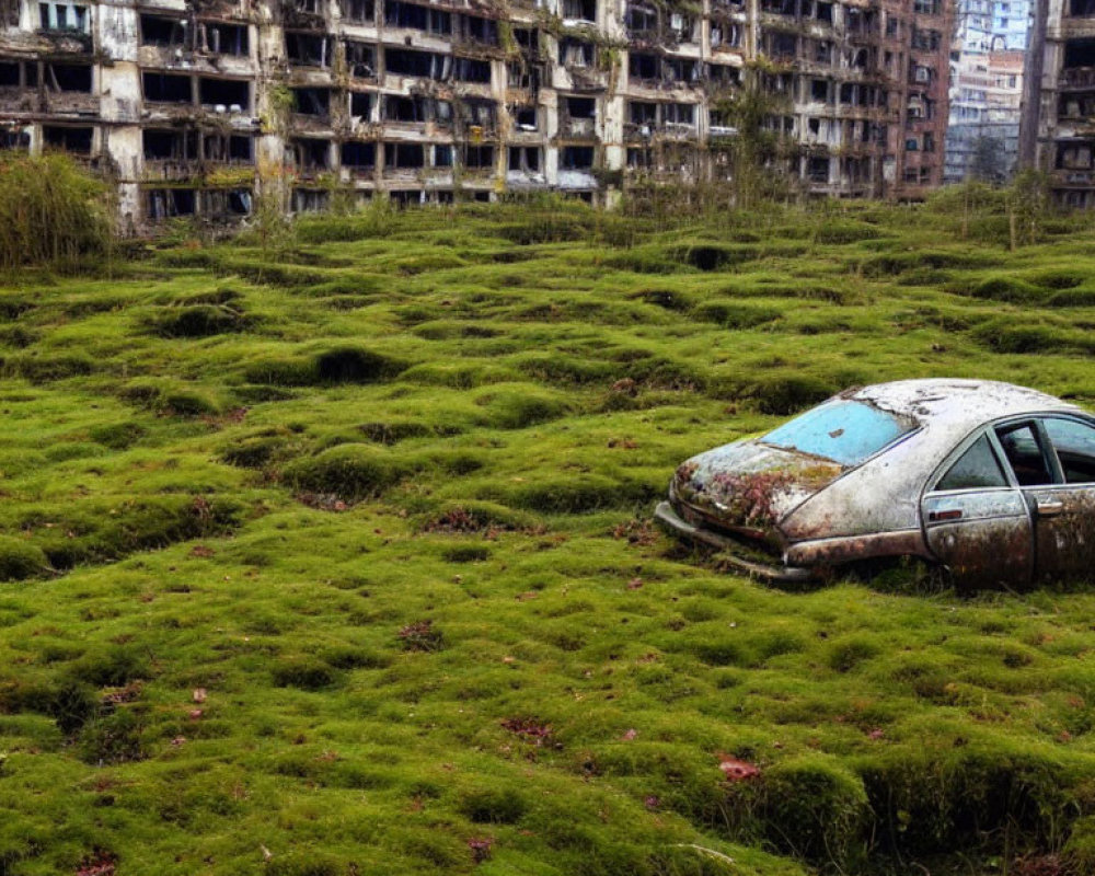 Overgrown Field with Rusty Car and Dilapidated Buildings