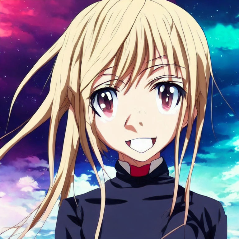 Blonde Anime Girl Smiling in Colorful Sky Illustration
