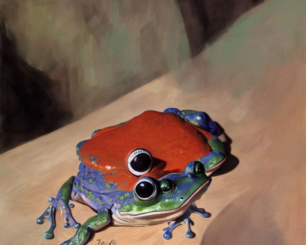 Colorful surreal artwork: Frog with extra eyes, blending natural and whimsical elements