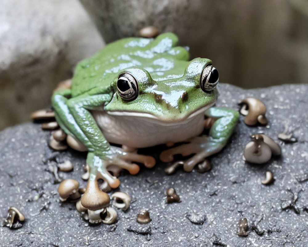 Green Frog with Large Eyes on Grey Rock Amid Small Brown Fungi