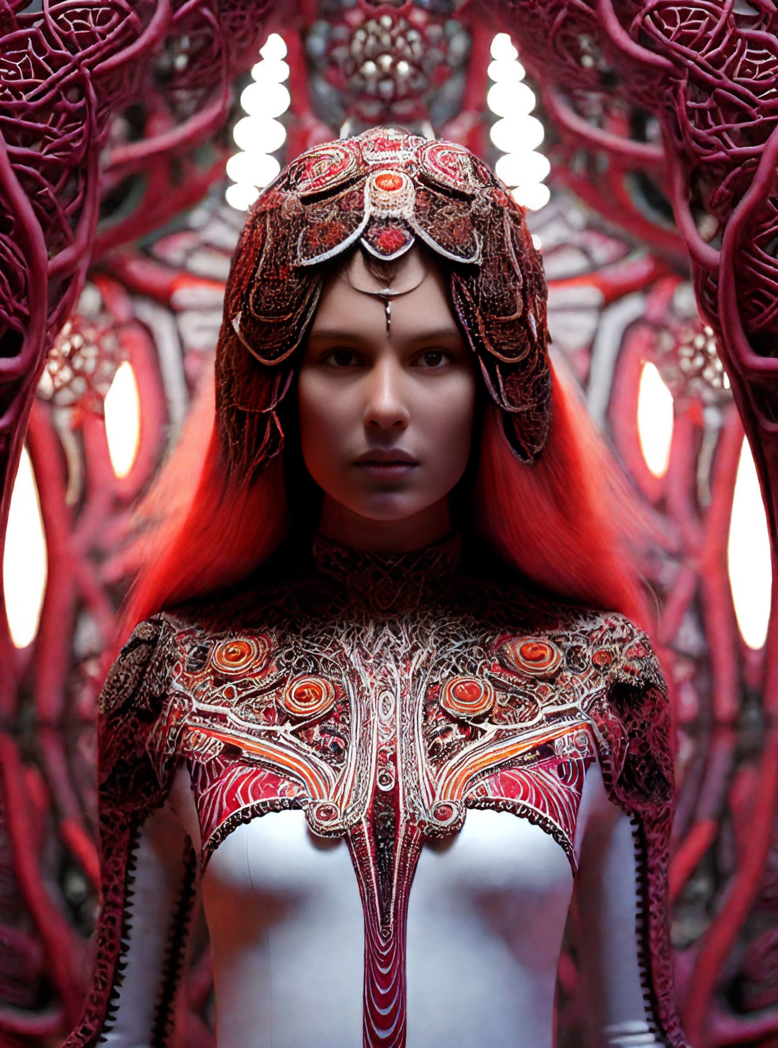 Striking Red-Haired Woman in Ornate Headdress and Garment