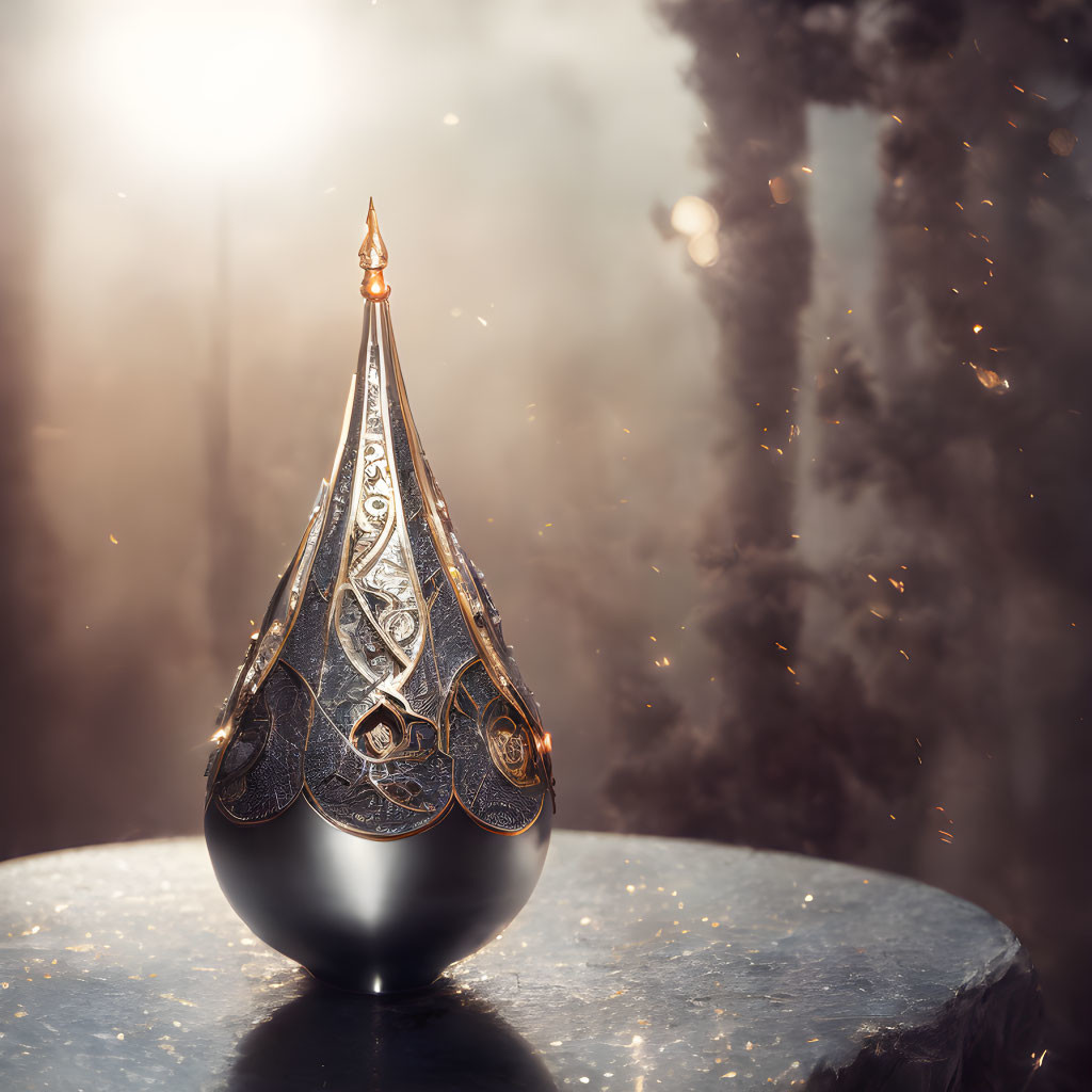 Metallic drop sculpture with intricate patterns, illuminated in warm glow amid misty ambiance