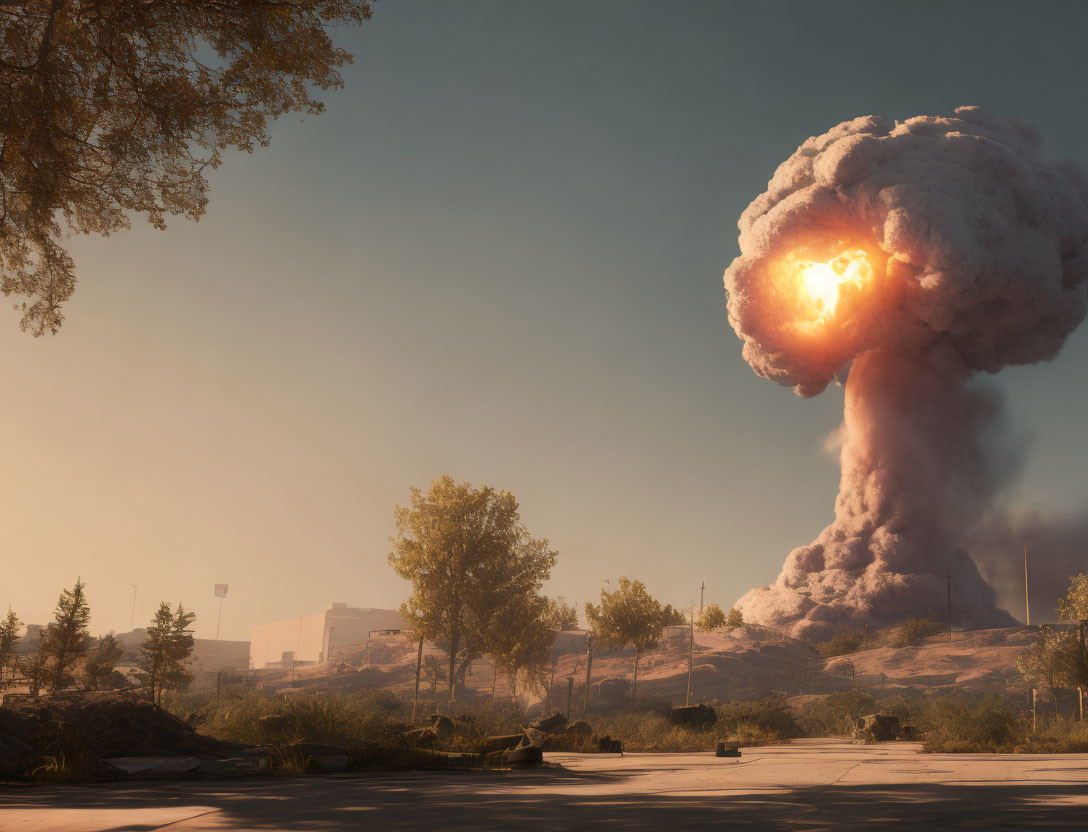 Explosion creates massive mushroom cloud in serene landscape at sunset/sunrise