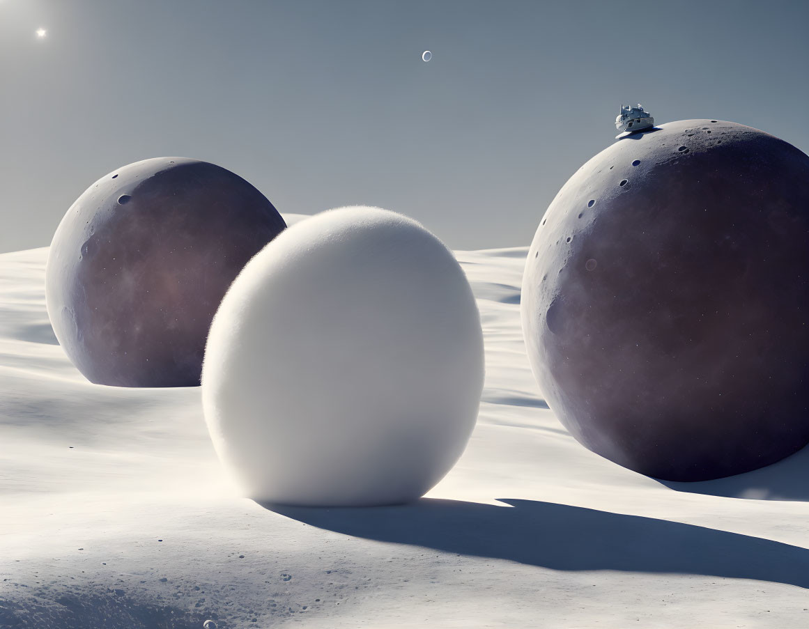 Surreal lunar landscape with large egg-like objects and astronaut