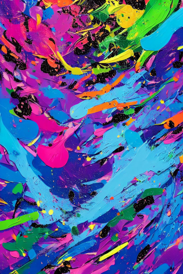 Colorful Abstract Painting with Blue, Pink, Orange, Yellow, Green, Black, and White Spl