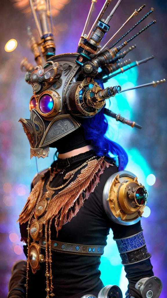 Steampunk person wearing decorative helmet with gears and tubing in blue and purple lights