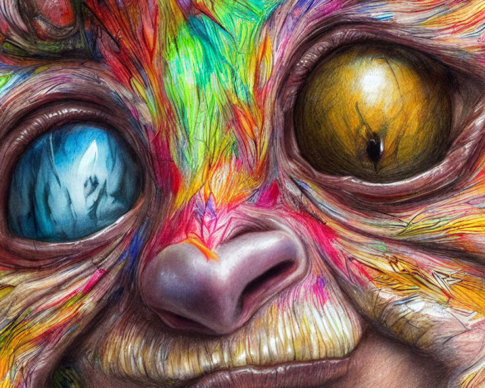 Colorful Close-Up of Fantastical Creature with Rainbow Patchwork and Heterochromatic Eyes