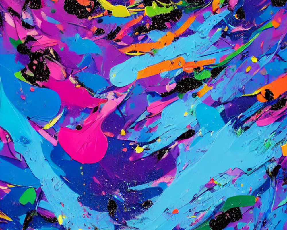 Colorful Abstract Painting with Blue, Pink, Orange, Yellow, Green, Black, and White Spl
