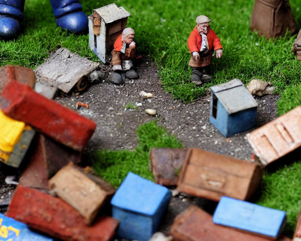 Tiny miniature scene: elderly men figurines chatting amidst colorful crates and wheelbarrow, with large boots