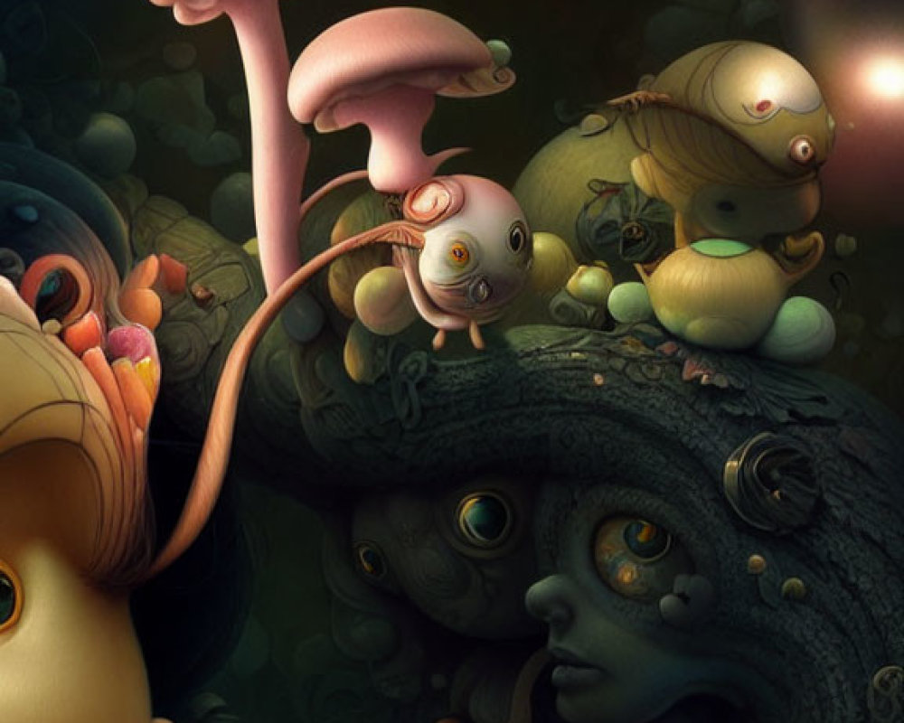 Whimsical anthropomorphic creatures and oversized mushrooms in surreal landscape