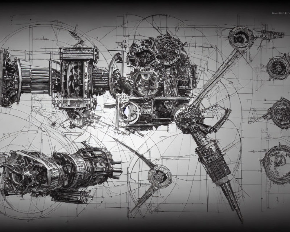 Complex machine parts drawings: gears, shafts, bearings on dark background