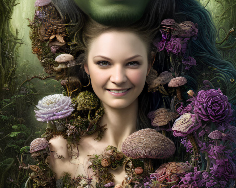 Photomontage of Woman's Face Blended with Hulk Portrait in Fantasy Setting