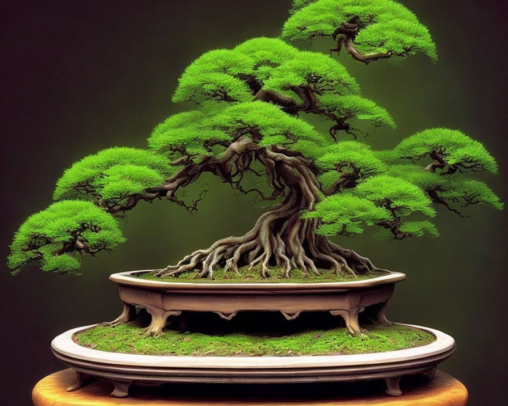 Lush green bonsai tree on wooden stand against dark background