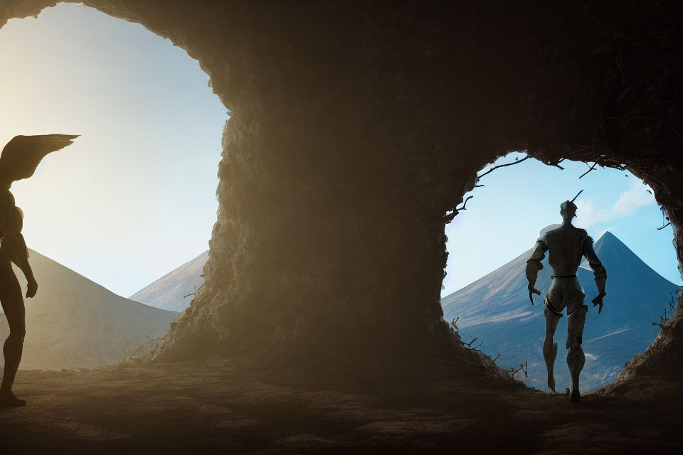 Silhouette of humanoid figure in cave faces dynamic pose against mountain backdrop