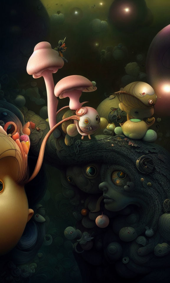 Whimsical anthropomorphic creatures and oversized mushrooms in surreal landscape