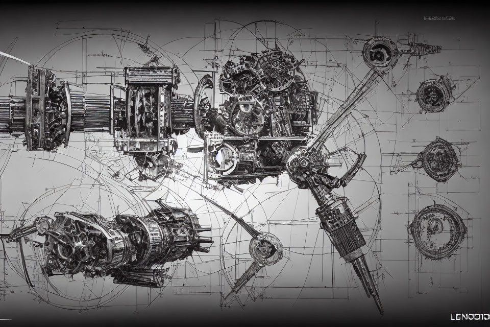 Complex machine parts drawings: gears, shafts, bearings on dark background