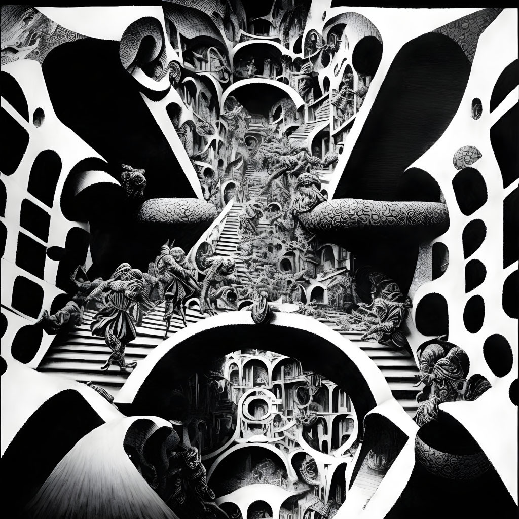 Detailed surrealistic black and white art with organic, architectural elements, staircases, and humanoid figures
