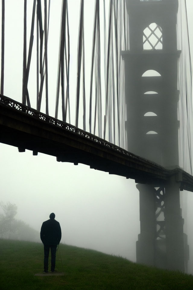 Person standing under foggy bridge creates mysterious scene