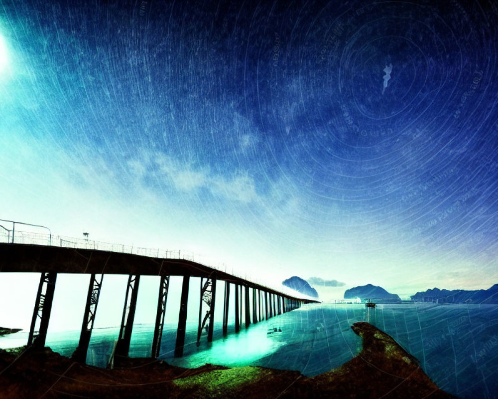 Digitally manipulated image of bridge over water with star trails in vibrant blue sky