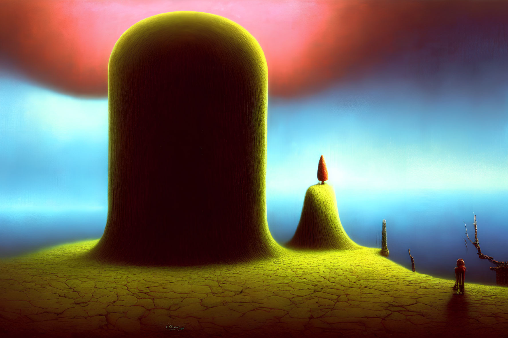Surreal landscape featuring mound-like structures, red and blue gradient sky, small figure, withered