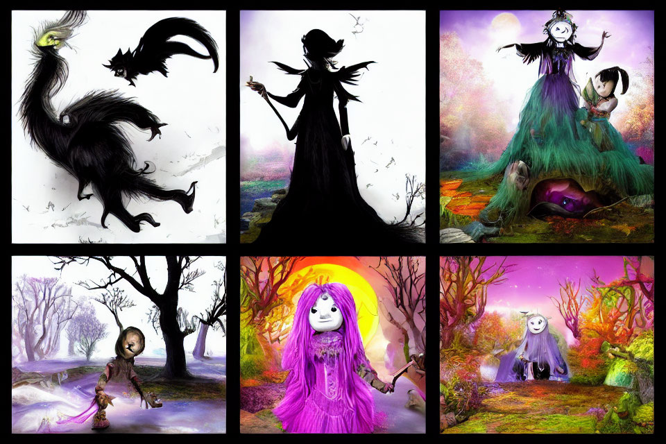 Six Fantasy-Themed Illustrations: Whimsical Characters, Black Bird Creature, Witch Silhouette,
