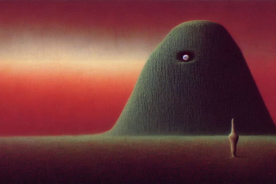 Surreal landscape with green hillock, single eye, figure, and red sky