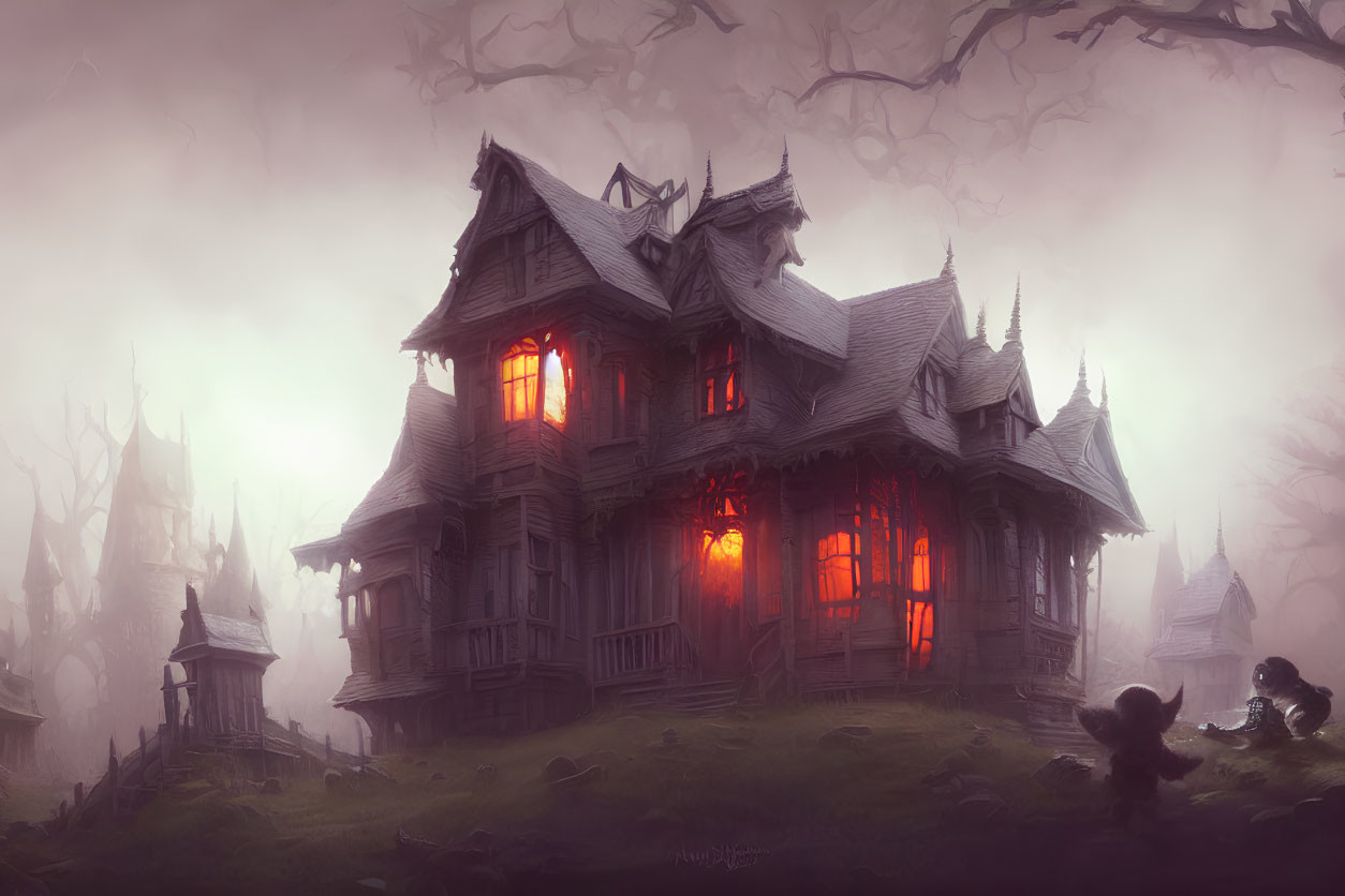 Gothic-style house with glowing red windows in eerie landscape