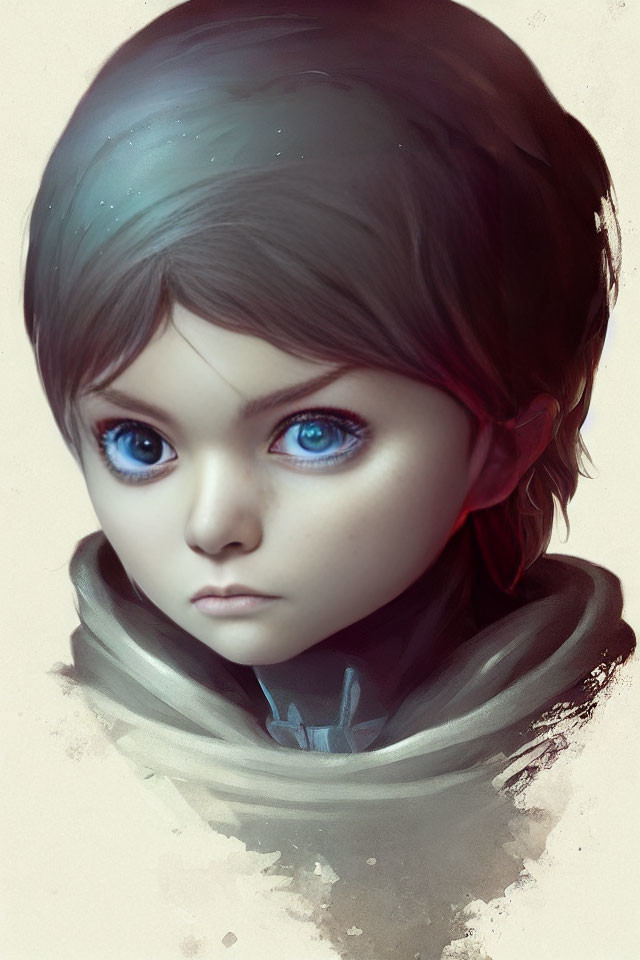 Realistic digital artwork of a child with blue eyes, brown hair, and green scarf