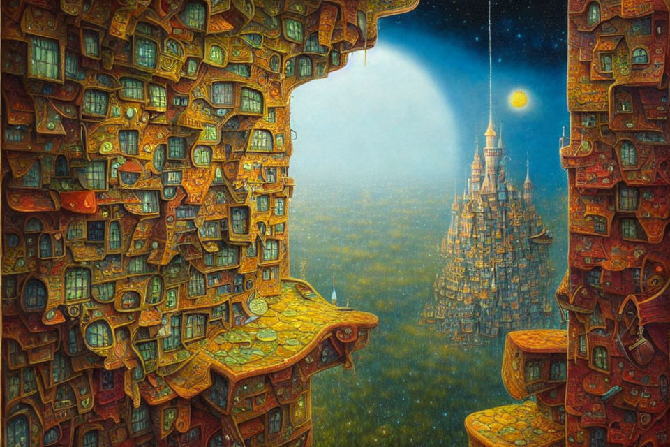 Surreal artwork of cliff with whimsical houses and castle overlooking twilight sea